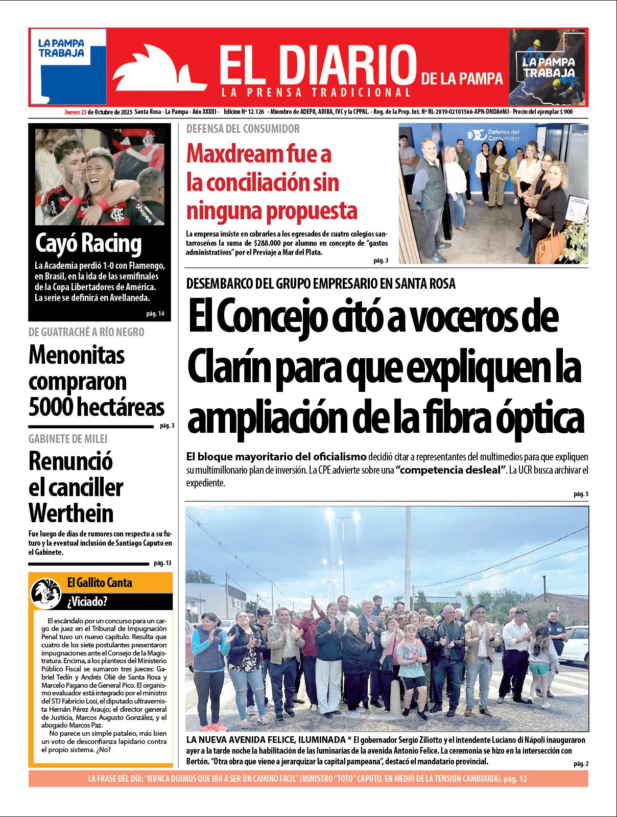 Tapa de El Diario en papel  jueves 23 de octubre de 2025